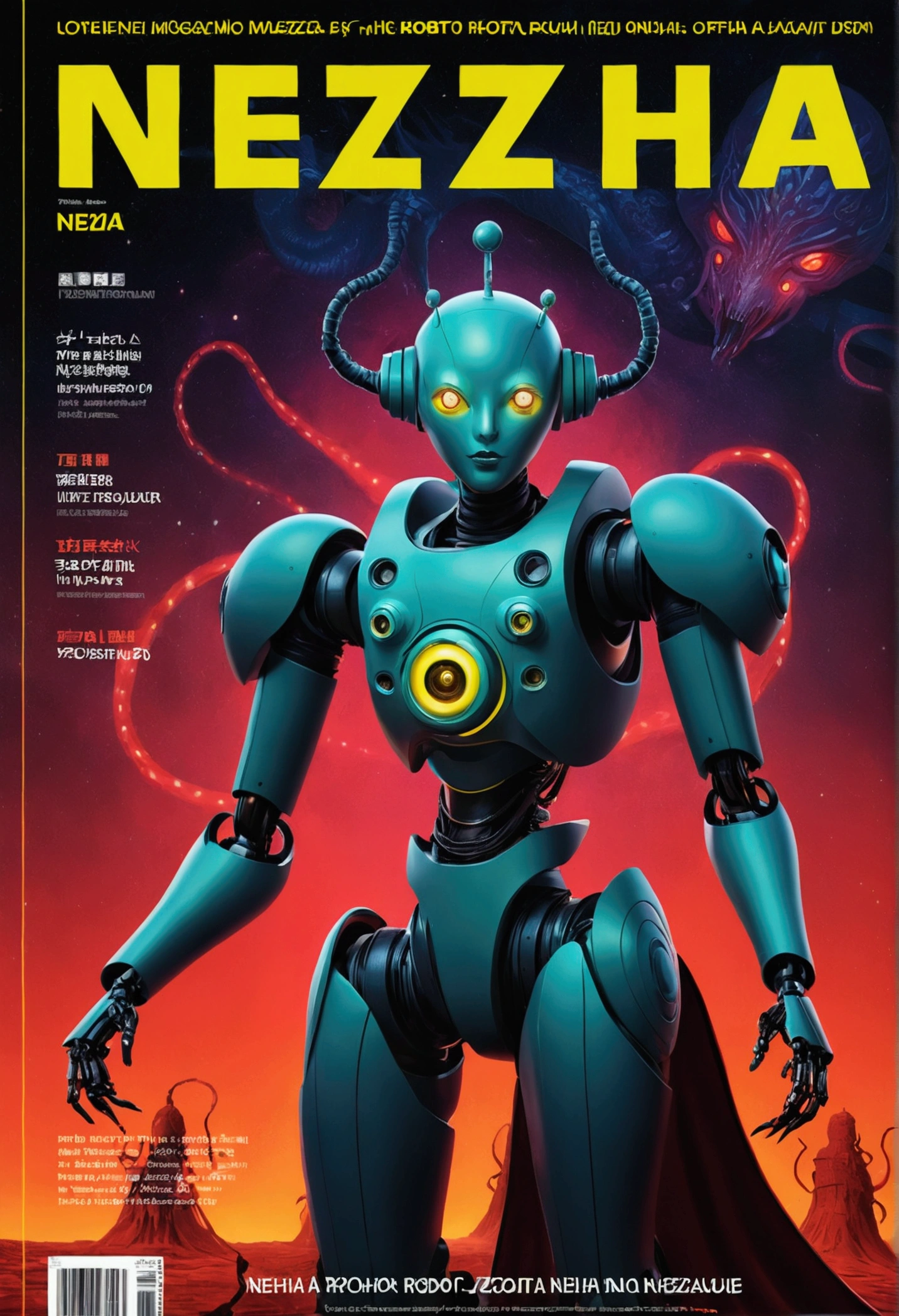 Robot Nezha, magazine cover, Poster Art , Lovecraftian horror genre, Bold large text, Matte design layout.
