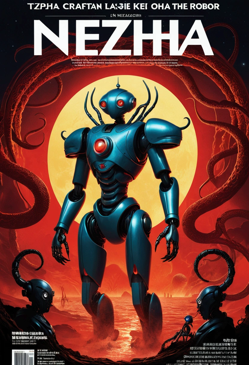 Robot Nezha, magazine cover, Poster Art , Lovecraftian horror genre,  Bold large text, Matte design layout.