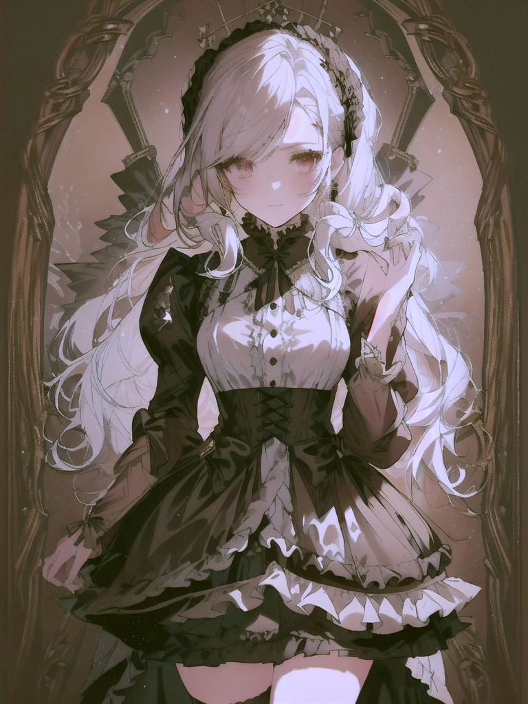 There is a woman wearing a black skirt and a white shirt., Detailed steampunk dress, Formal wear, Victorian dress, Baroque Dress, black Victorian dress, Black Gothic Lolita Dress, historical Baroque Dress dark, Very detailed and luxurious garment, full costume, Victorian Gothic Lolita Fashion, Victorian style costume, Gothic Dress, Frills, Black Rococo, Gothic Costume