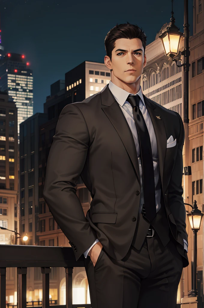 (Absurd, High resolution, Super detailed, Realistic, ), 1 male, alone, Adult, mature, Tall and muscular man, Broad shoulders, good looking, Very short hair, Black Hair, Brown eyes, Square jaw, Thick neck, Thick eyebrows, night, dark, the night view of the city background, Formal suit, tie, Upper Body