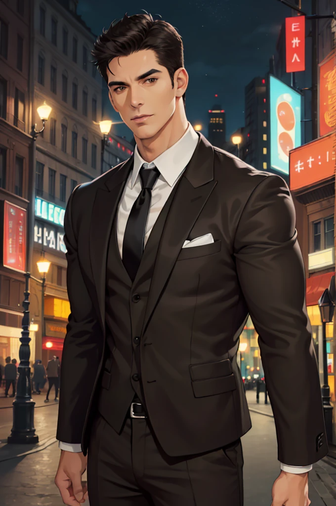 (Absurd, High resolution, Super detailed, Realistic, ), 1 male, alone, Adult, mature, Tall and muscular man, Broad shoulders, good looking, Very short hair, Black Hair, Brown eyes, Square jaw, Thick neck, Thick eyebrows, night, dark, the night view of the city background, Formal suit, tie, Upper Body