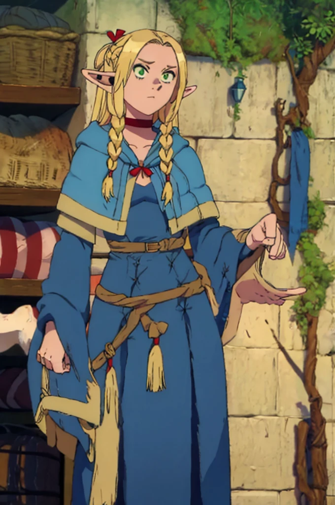 Marcille Donato, sexy elf girl with blonde hair, slender body, small breast size, blue stockings, nude tits, red choker