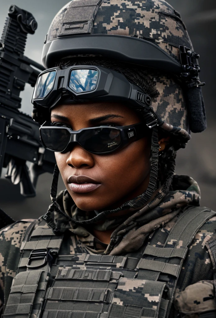 A muscular African American female special forces soldier, highly detailed portrait, beautiful detailed eyes, beautiful detailed lips, extremely detailed face, long eyelashes, serious expression, military uniform, tactical gear, assault rifle, night vision goggles, urban environment, cinematic lighting, dramatic shadows, gritty realism, hyper detailed, 8k, photorealistic, award winning digital art,Wear sunglasses,