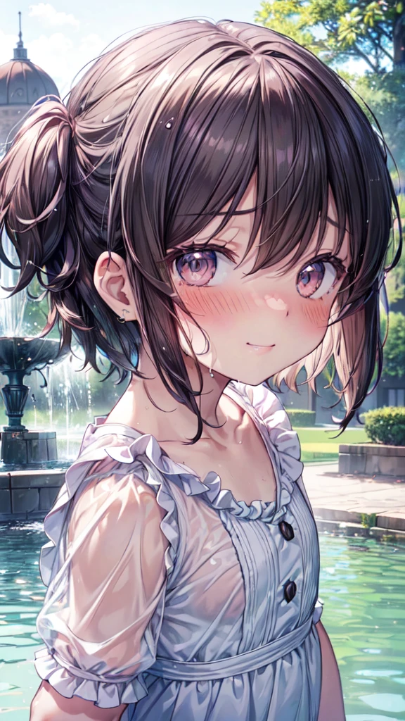 (Ultra-high resolution of the highest quality, masutepiece, Best Quality, 8K, Super Detail, Best Quality:1.3), (Anatomically correct:1.3), (face shot:1.6), (1 ), (Child), (Loli), (inf, (Small body), (flat chest), (elementary school student), (blush face:1.6), short black wavy hair, bangs hair over eyes, (drooping eyes), (blouse), in Park Fountain, funny smile, (wet), (beautiful hair, beautiful eyes, beautiful face) (face focus, human ear focus, clavicle focus), from side