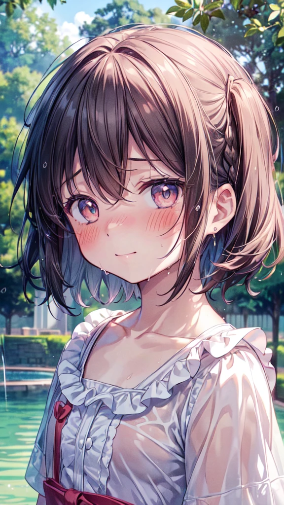(Ultra-high resolution of the highest quality, masutepiece, Best Quality, 8K, Super Detail, Best Quality:1.3), (Anatomically correct:1.3), (face shot:1.6), (1 Little Girl), (Child), (Loli), (infant), (Small body), (flat chest), (elementary school student), (blush face:1.6), short black wavy hair, bangs hair over eyes, (drooping eyes), (blouse), in Park Fountain, funny smile, (wet), (beautiful hair, beautiful eyes, beautiful face) (face focus, human ear focus, clavicle focus), from side