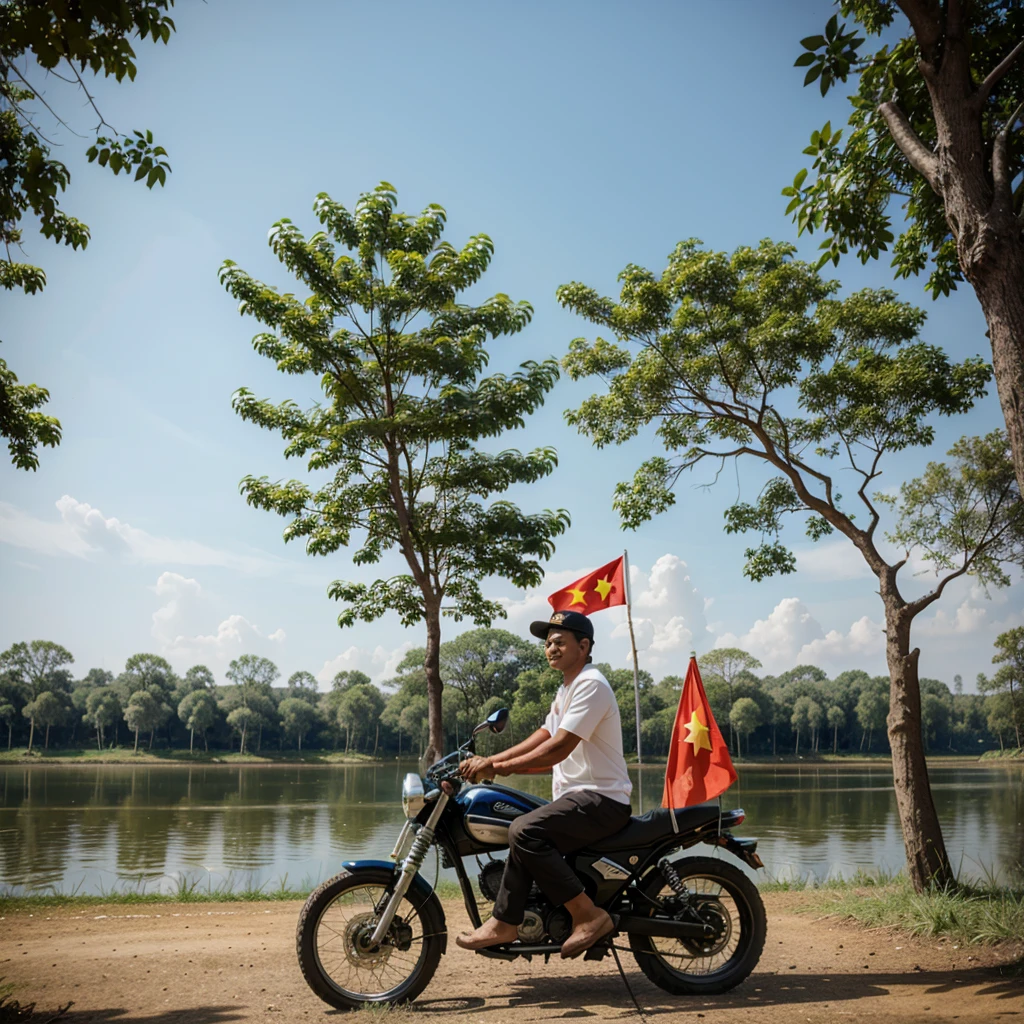 A cartoon man on a motor, surrounded by tree, and lake while holding Cambodian Flag.
