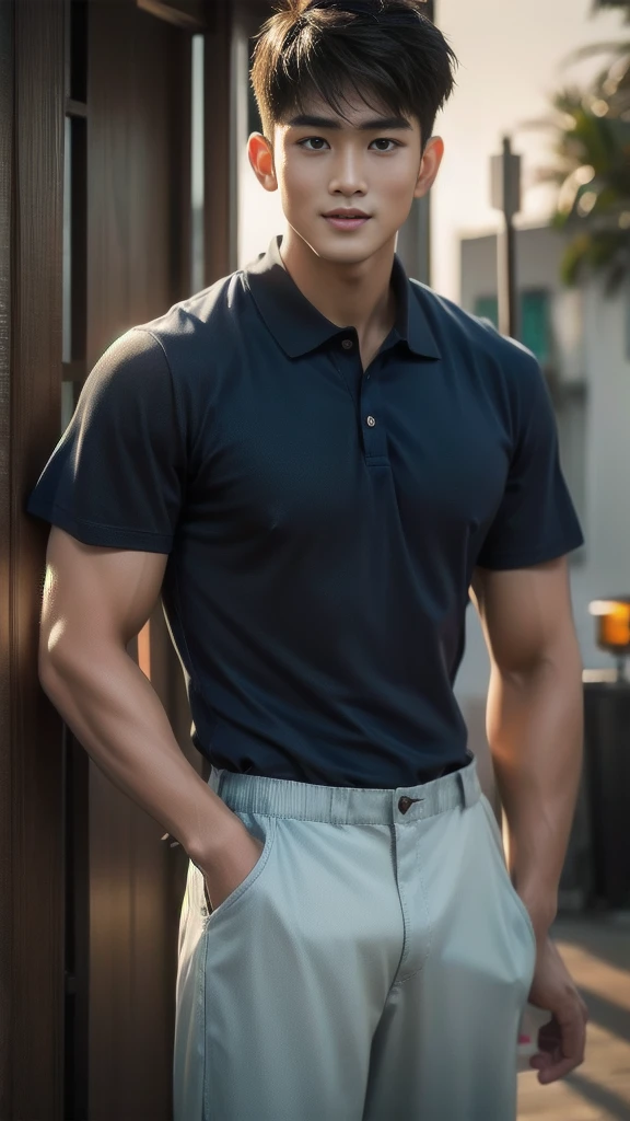 Natural light, realistic, Thai man, ทรงผมสั้น buzz cut, Handsome, muscular, big muscles, Broad shoulders, model, Wear a tight polo shirt. dark blue jeans standing smiling , outdoor outside