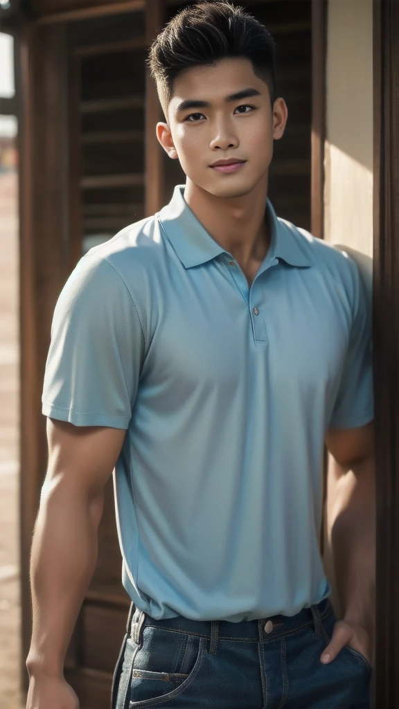 Natural light, realistic, Thai man, ทรงผมสั้น buzz cut, Handsome, muscular, big muscles, Broad shoulders, model,  Wear a tight polo shirt. dark blue jeans standing smiling , outdoor outside