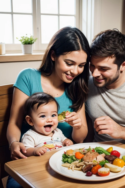 happy family sitting at the table having a healthy meal 8 month old baby sitting in high chair, eating cooked vegetables, together with his mother and father all happy, detailed facial features, chubby baby, lovely expression, Bright lighting, softfocus, natural colors, warm toned, photorrealistic, high qualiy, 8k, hyperdetailed, artwork