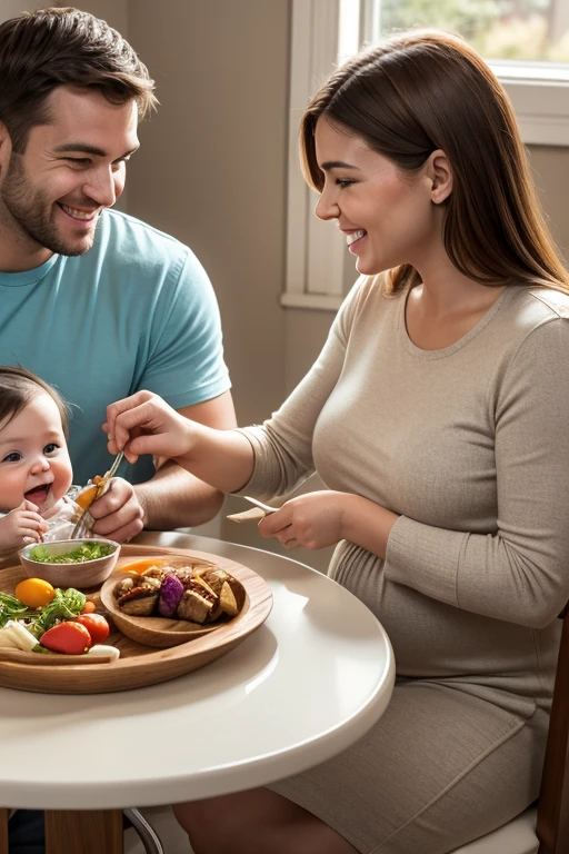  happy family sitting at the table having a healthy meal 8 month old baby sitting in high chair, eating cooked vegetables, together with his mother and father all happy, detailed facial features, chubby baby, lovely expression, Bright lighting, softfocus, natural colors, warm toned, photorrealistic, high qualiy, 8k, hyperdetailed, artwork
