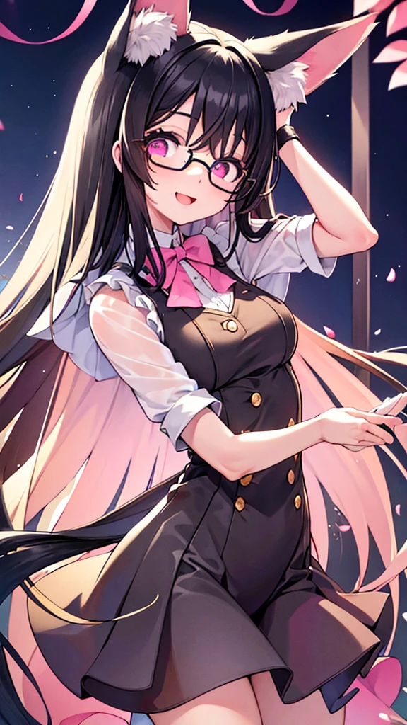 masterpiece, Highest quality, cheers,Black Hair,Pink eyes,Long Hair,Straight Hair,Glasses,Night Sky,A perfect smile,Open your mouth,Wolf Ears,whole body,Cute pose