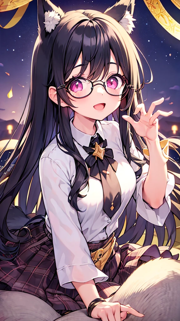 masterpiece, Highest quality, cheers,Black Hair,Pink eyes,Long Hair,Straight Hair,Glasses,Night Sky,A perfect smile,Open your mouth,Wolf Ears,whole body,Cute pose