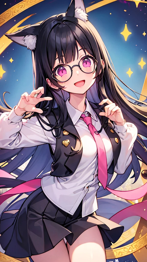 masterpiece, Highest quality, cheers,Black Hair,Pink eyes,Long Hair,Straight Hair,Glasses,Night Sky,A perfect smile,Open your mouth,Wolf Ears,whole body,Cute pose