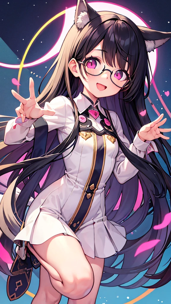 masterpiece, Highest quality, cheers,Black Hair,Pink eyes,Long Hair,Straight Hair,Glasses,Night Sky,A perfect smile,Open your mouth,Wolf Ears,whole body,Cute pose