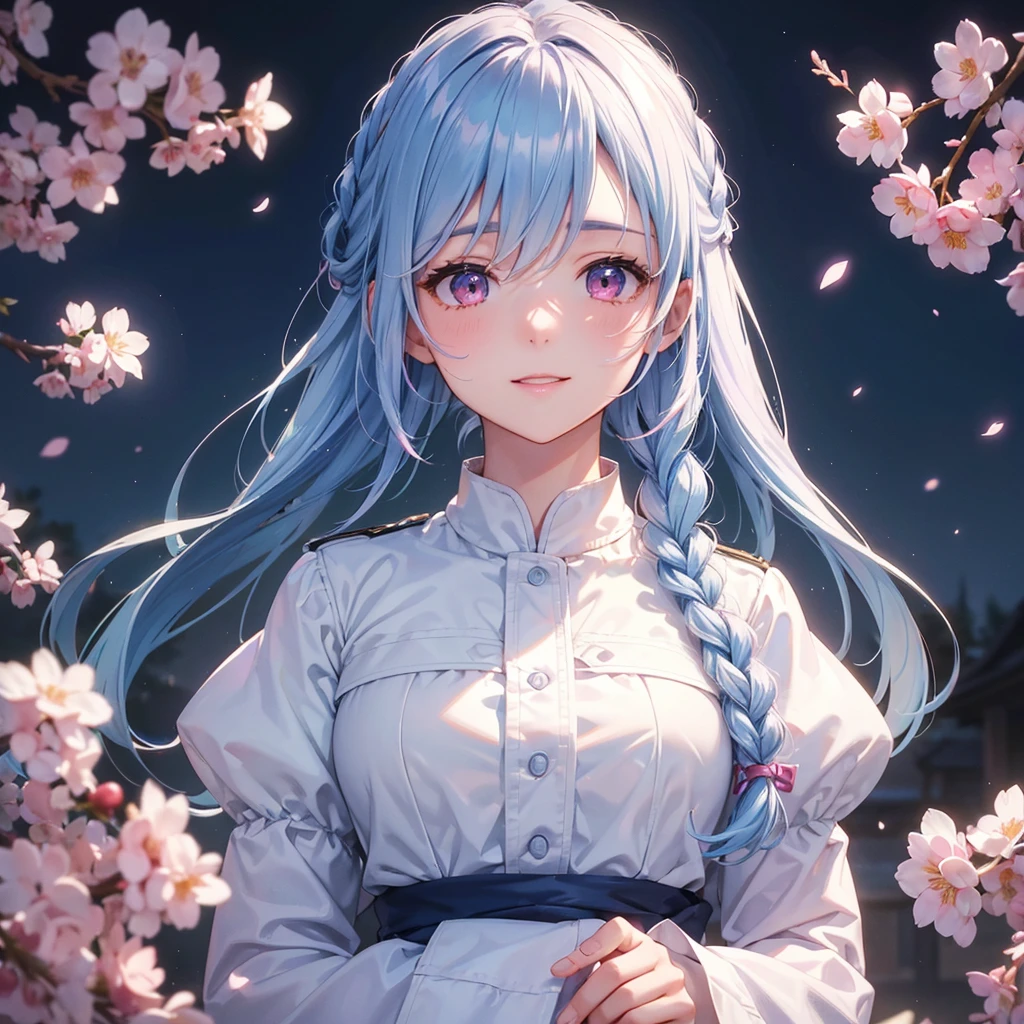 (Light blue medium hair),(Braided hair tied together)、Pink eyes、Fair skin、(whole body)、(uniform)、Cherry Blossoms at Night、A big smile、A dignified figure、solo、(masterpiece、Highest quality、Very detailed、Best Shadow)、(Detailed Background)、(Beautifully detailed face)、High contrast、(Best lighting、Very delicate and beautiful)、((Cinematic Light))、colorful、Hyper Detail、Dramatic Light、Exquisite detail、