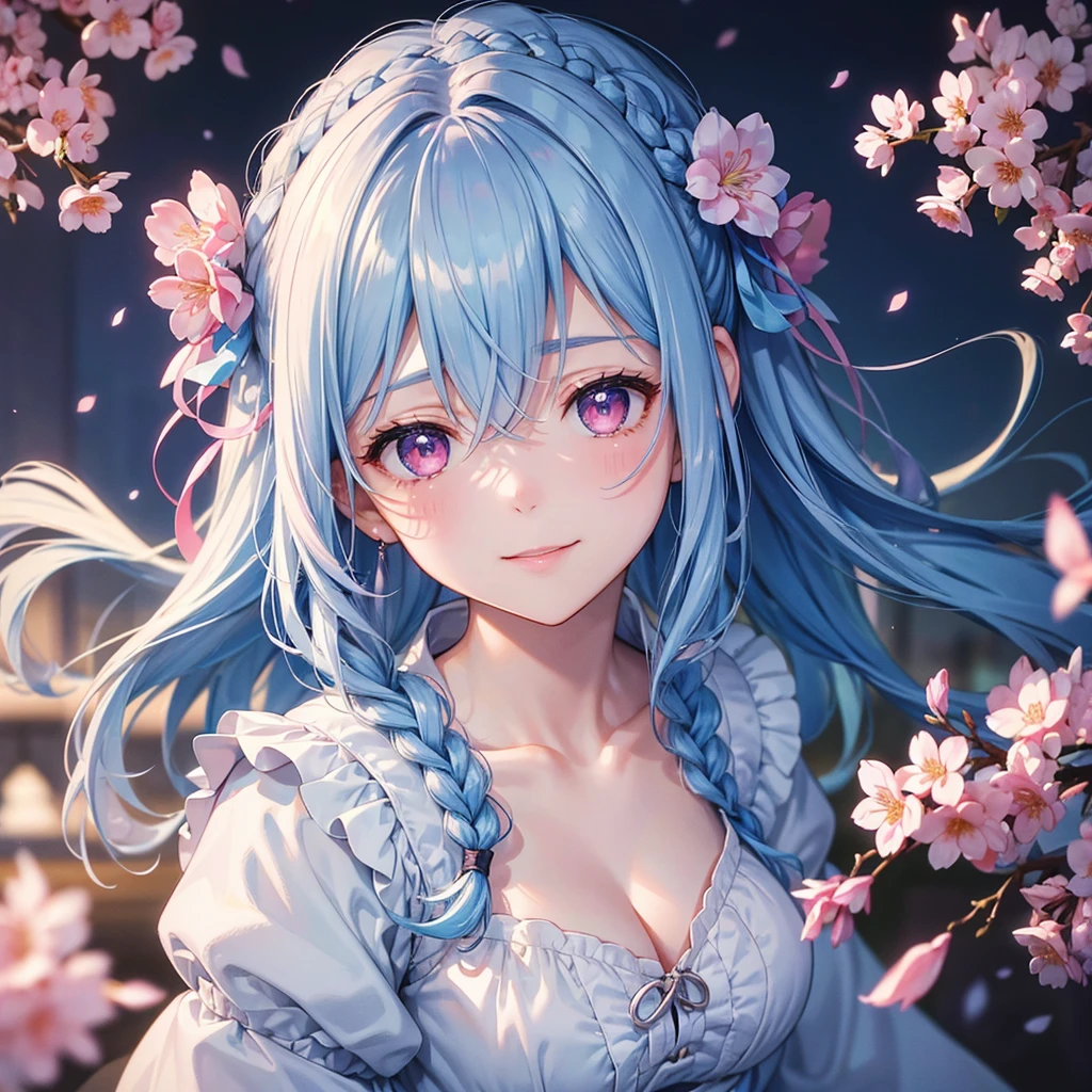 (Light blue medium hair),(Braided hair tied together)、Pink eyes、Fair skin、(whole body)、(uniform)、Cherry Blossoms at Night、A big smile、A dignified figure、solo、(masterpiece、Highest quality、Very detailed、Best Shadow)、(Detailed Background)、(Beautifully detailed face)、High contrast、(Best lighting、Very delicate and beautiful)、((Cinematic Light))、colorful、Hyper Detail、Dramatic Light、Exquisite detail、