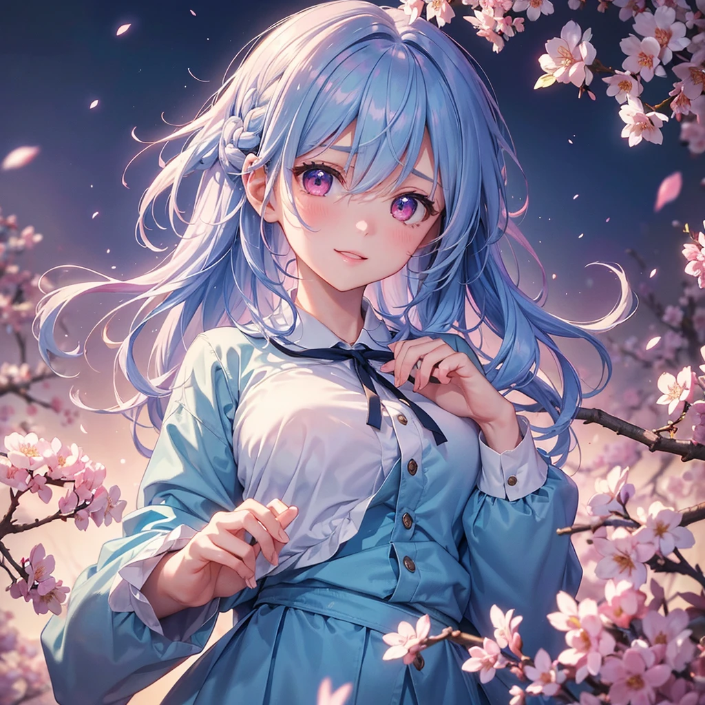(Light blue medium hair),(Braided hair tied together)、Pink eyes、Fair skin、(whole body)、(uniform)、Cherry Blossoms at Night、A big smile、A dignified figure、solo、(masterpiece、Highest quality、Very detailed、Best Shadow)、(Detailed Background)、(Beautifully detailed face)、High contrast、(Best lighting、Very delicate and beautiful)、((Cinematic Light))、colorful、Hyper Detail、Dramatic Light、Exquisite detail、