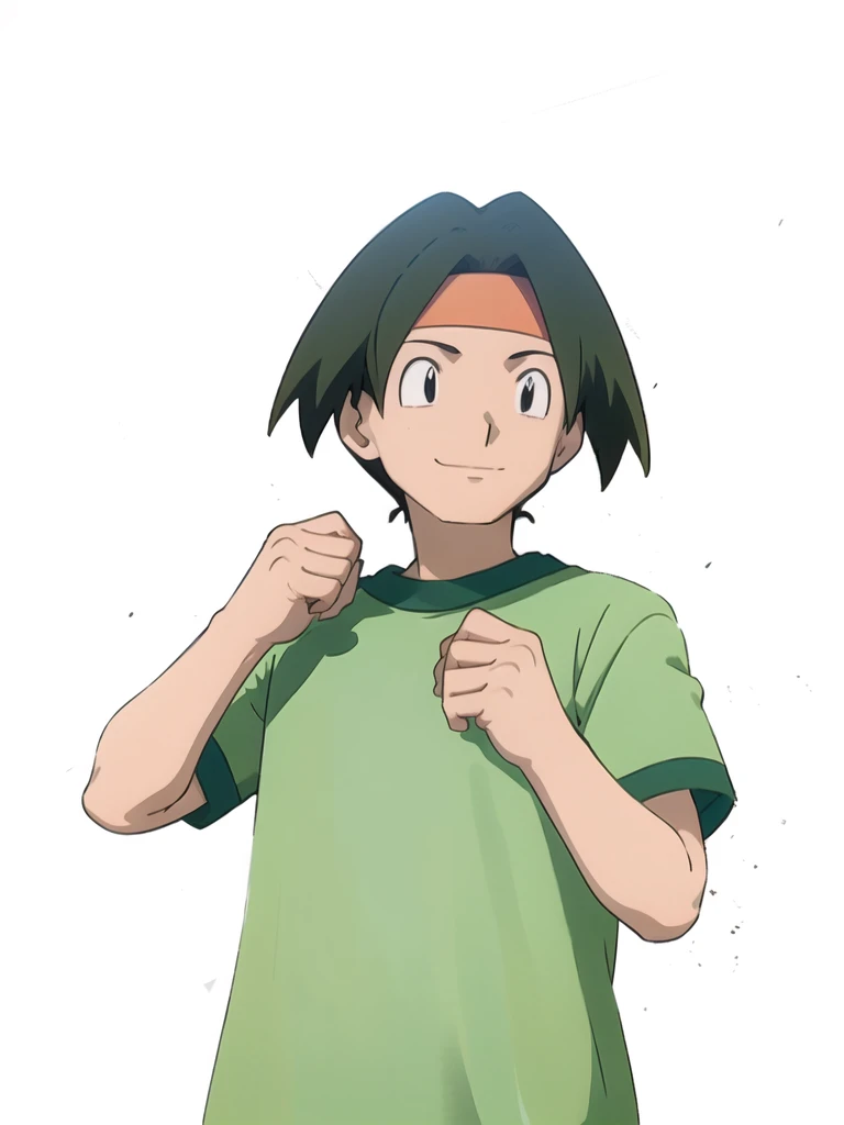 Tracey, 独奏, smile, shirt, 1boy, closed mouth, upper body, male focus, outdoors, sky, cloud, black eyes, green shirt, anime coloring,Redraw it with a beautiful anime picture,Do not change the design or details