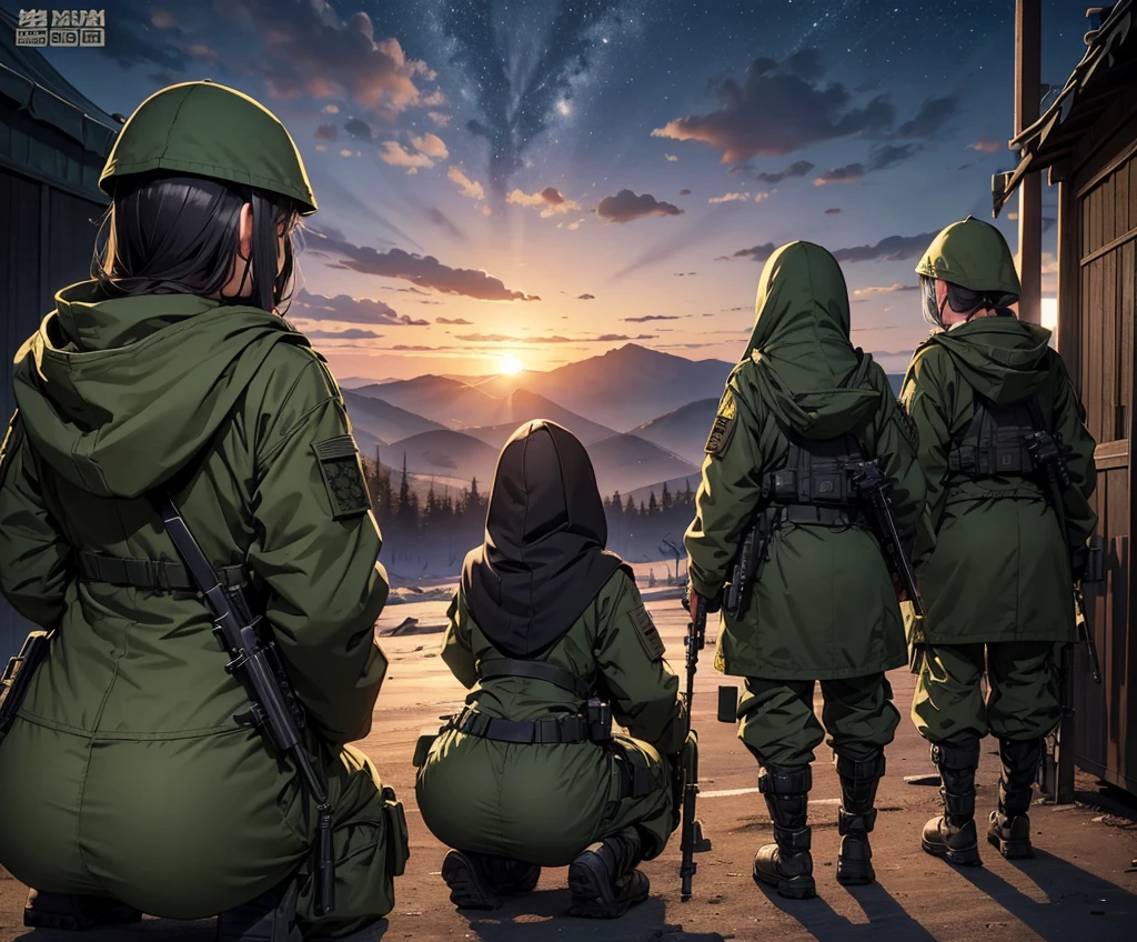 View from behind,A group of female soldiers all wearing dark green M-51 hooded uniforms、Hooded on head、Military Pants、Knee pads,Military camp at night,Write details、masterpiece、best quality、Highly detailed CG、8K picture quality