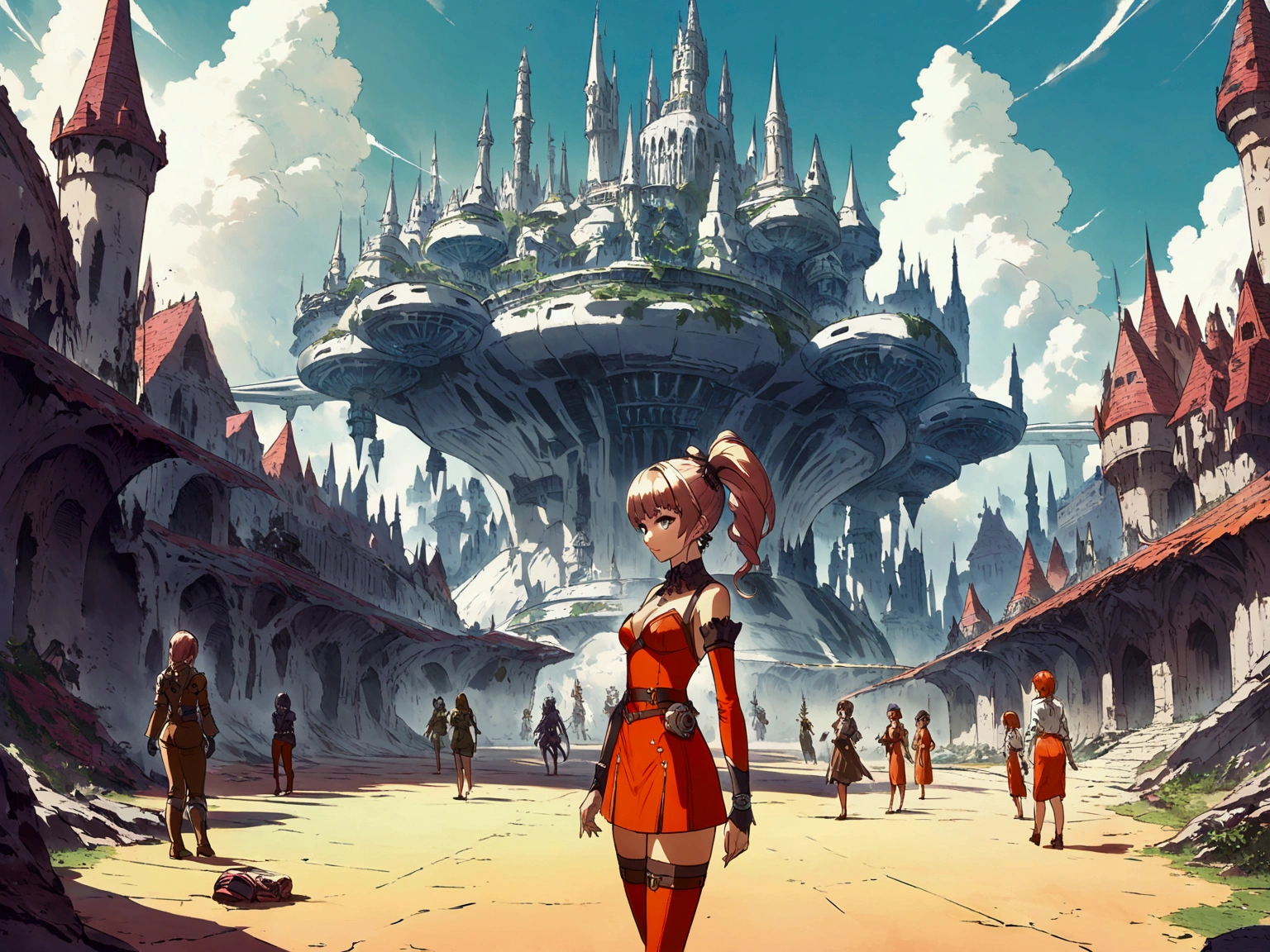 landscape A mechanized Gothic castle in the center of the screen Half-destroyed buildings line the surrounding area. cloudy Fusion of science and magic Dark fantasy Concept Art