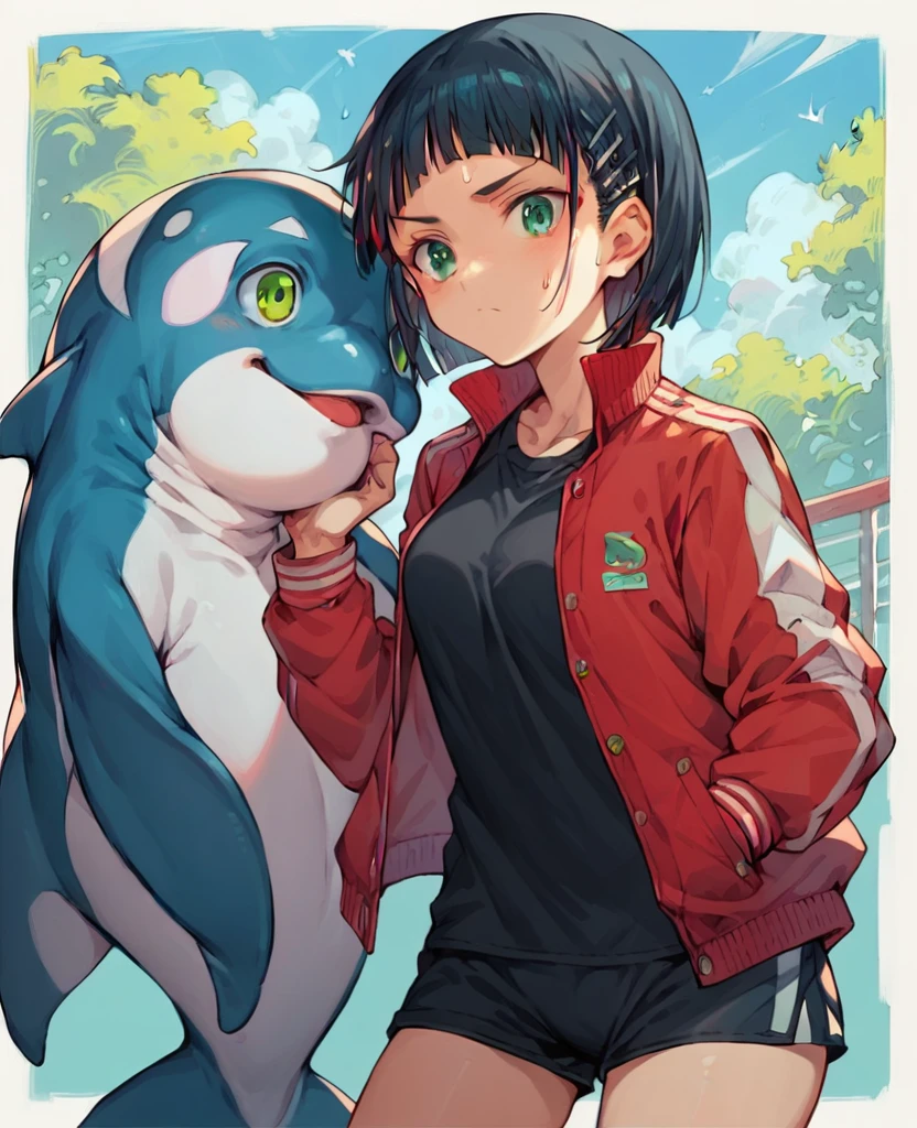 sexual harassment, Kirigaya Suguha, short hair, black fur, hair ornament, Hair clip, (green eyes:1.3),
jacket ROMPER, Bermuda, short Bermuda, blue Bermuda, sport jacket, dolphin Bermuda, gym Bermuda, (Red jacket:1.2), shirt, (black shirt:1.2),
REST outdoors, nature, forest, sun, sky,
REST looking at the viewer, (cowboy shot:1.5),
BREAK (Masterpiece:1.2), Best Quality, alta resunución, unity wallpaper 8k, (illustration:0.8), (Beautiful detailed eyes:1.6), extremely detailed face, perfect lighting, Extremely detailed CG, (perfect hands, perfect anatomy),