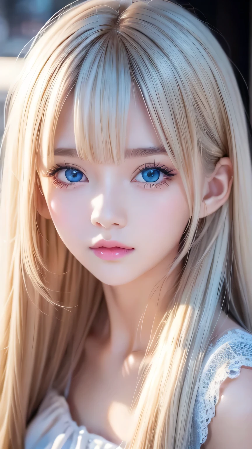 Very beautiful face、A beautiful blonde girl with a stunning beauty、Super Long Hair、windy silky blonde super long hair、Mysterious blonde、Swinging bangs that block the view、Cute sexy 16 year old blonde girl with light blue eyes、Hair above the eyes、片Hair above the eyes、Hair between the eyes、Big bright light blue eyes that shine so beautifully、eyeliner、Bright expression、Cheek gloss highlighter、Round face