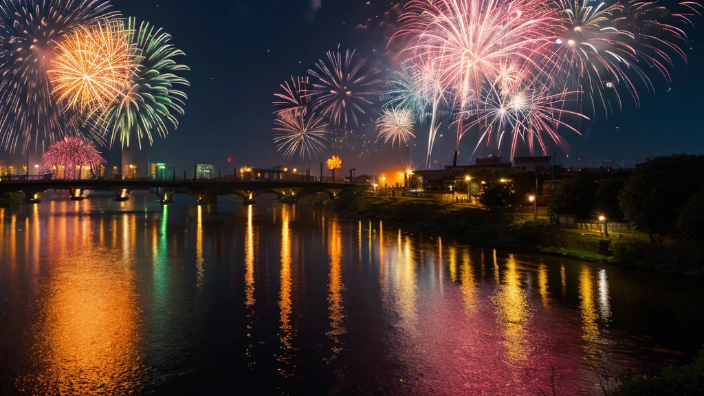 river　night　firework　Highest quality　anime

