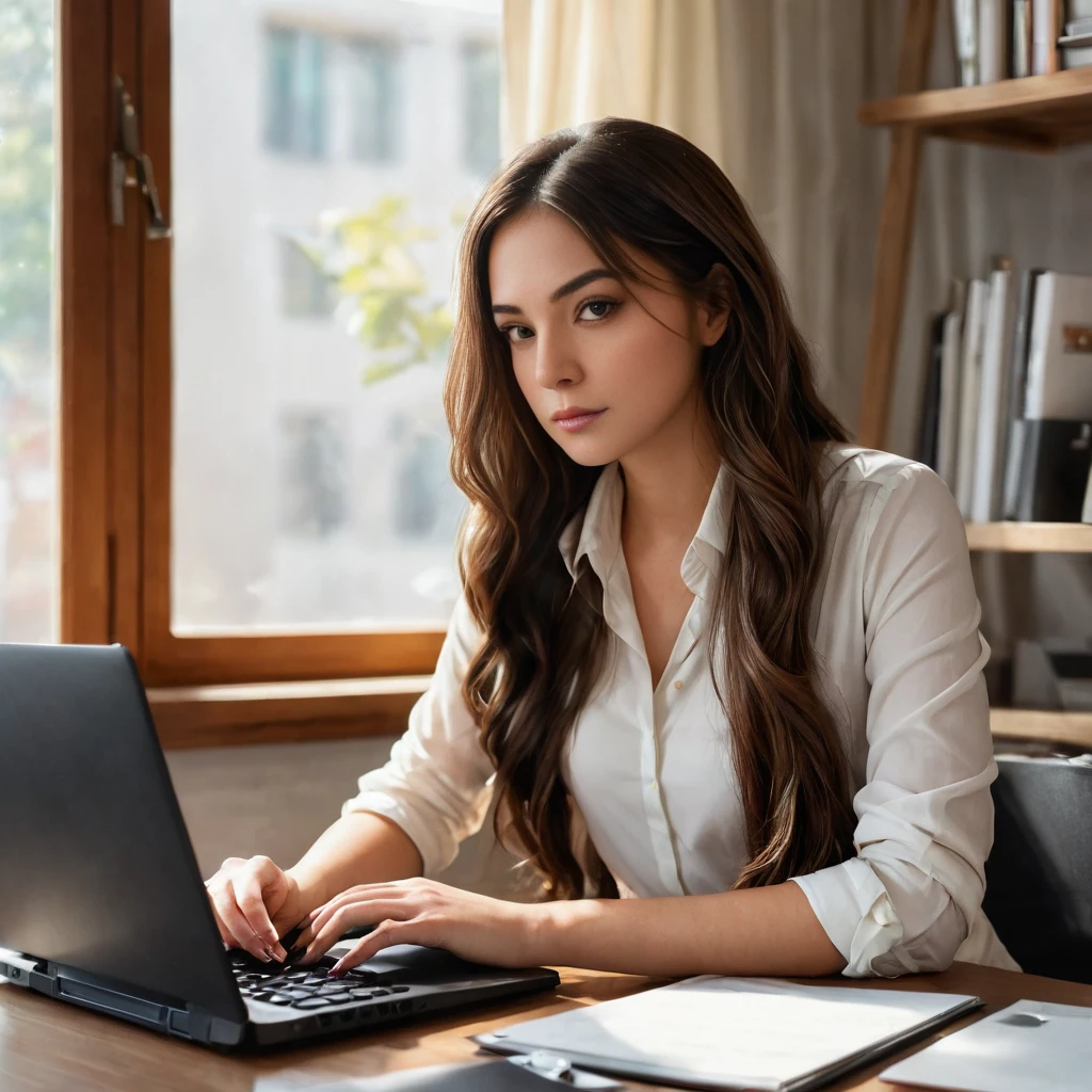 "Anikaxxx (anikaxxx), a beautiful and confident woman with long brown hair, is sitting at a desk working on her laptop. She is focused and determined, wearing stylish but professional attire. The scene is well-lit, with natural light streaming in from a nearby window. Her workspace is organized, with a coffee cup and some stationery neatly arranged. Her expression is one of concentration and engagement as she types on the keyboard. The overall atmosphere is professional yet inviting, emphasizing her dedication and professionalism."