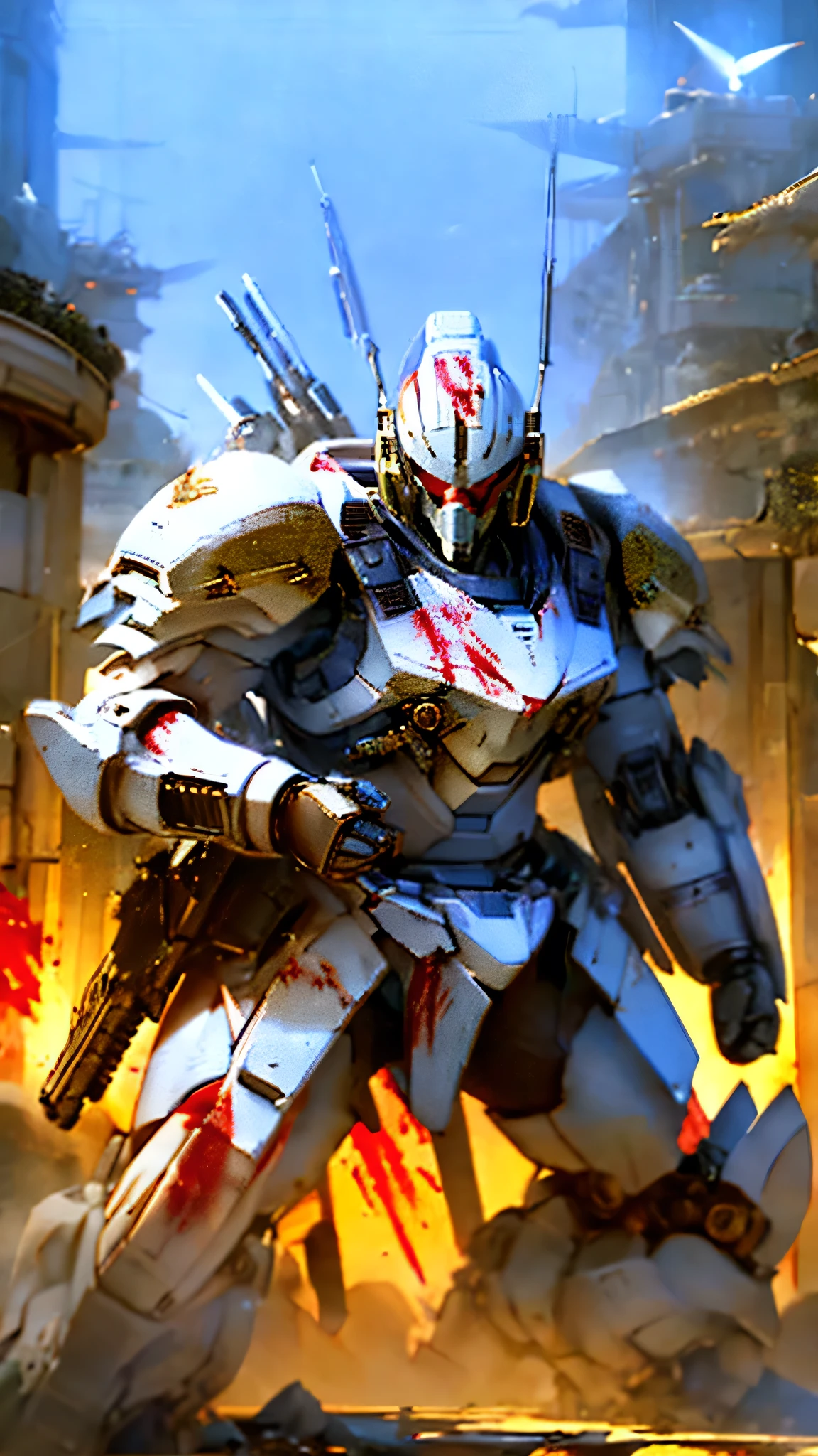 最high quality、Best image quality、masterpiece、Giant Mecha((humanoid、Railgun、Bulletproof vest、Jetpack、Red visor、Run、Assault rifle,Full of wounds,gas mask、Gold Color、Fighting Pose、Muscular,Blood splatter,Tattered)）high quality、Beautiful art、background((underground,Fighting the monsters)),Tabletop、Exquisite design、Visual Arts、Written boundary depth、Best lighting、The finest details、8ｋ