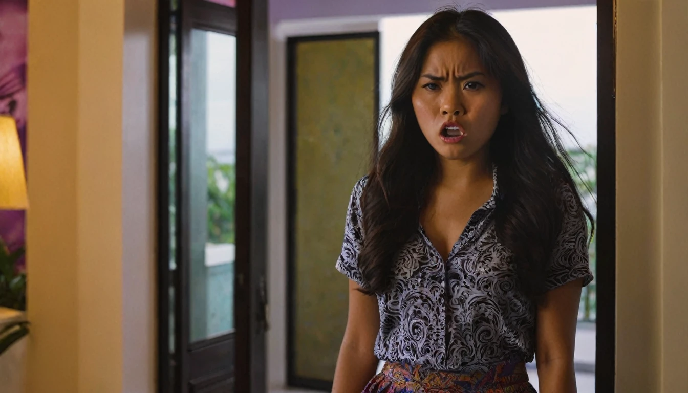 Capture a medium shot of a 26-year-old Hispanic-Filipina woman with tanned, brown skin and long, thick waist-length black hair. She stands in the doorway of a condo apartment in the Philippines, portraying an angry expression with furrowed brows and a pouting mouth. She wears a casual, small skirt. The scene is set against the backdrop of twilight colors in the sky, creating a dramatic, moody atmosphere. A carry-on luggage is visible in the background, emphasizing her possible travel intentions or arrival. The image should have a bokeh effect with a 2.8 aperture depth of field to highlight her vivid facial expressions and intricate hair details.