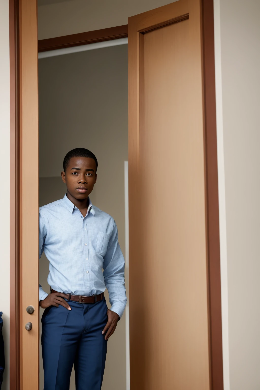 28 years old african american boy, standing in an office doorway