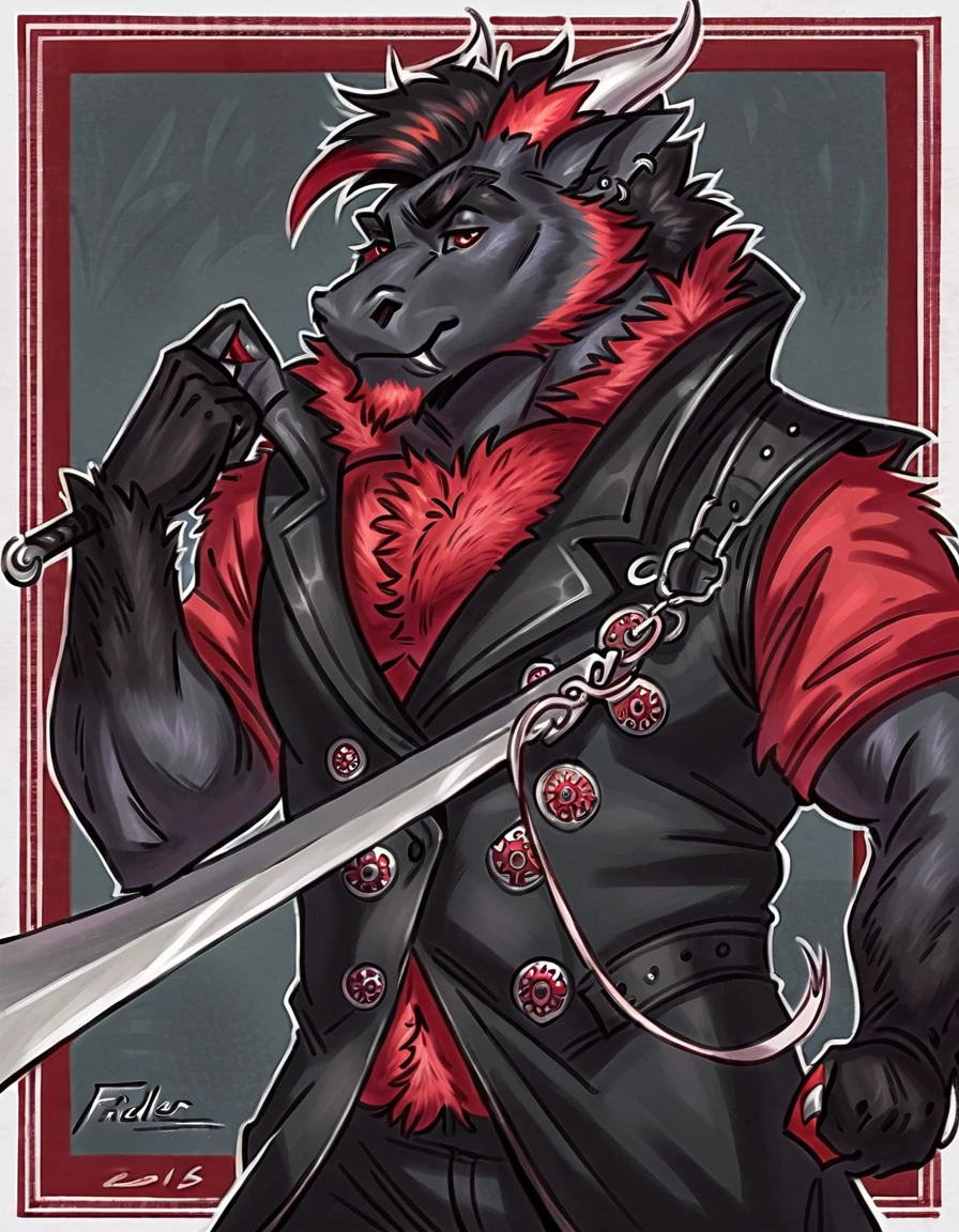 Anthropomorphic dragon his physique is achieved through a meticulous distribution of muscle and fat that creates a sense of comfort and approachability. Black scales. Black fur. Black Hair. Skin is a rich, deep black, with a subtle shimmer. His eyes are a piercing shade of Imperial red, framed by thick eyebrows. His attire, a black gambeson padded overcoat fabric vest with striking red salmon accents and intricate silver metal ornaments, is both functional and symbolic. The gambeson, a padded garment, is tailored to allow for a full range of motion, emphasizing his agility despite his size. The silver metal ornaments. Fur is predominantly black with salmon red-colored highlights. The fur on his torso and limbs is dense. His chest hair is kept at a moderate length. Large axe like fangs. Wield a slashing blade in a rapier-like's hilt. Ox guard stance pose. His predominant color is black and he got imperial red details. Anthro Artist Taran Fiddler art Style, olhos detalhados, Olhos lindos, escalas detalhadas.