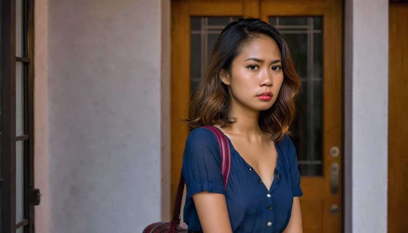 Focus on a slender, Hispanic-Filipina woman with a flat nose and dark skin tone, aged 26, caught in a candid, upset pose. She is standing in the entrance of a Philippine condo apartment during evening hours, with the sky painted in shades of twilight. She is dressed in a simple, small skirt, and her waist-length, thick hair flows around her shoulders. Her expression is visibly angry, with a pouting mouth and furrowed brow. The background should softly blur, highlighting her with a 2.8 aperture depth of field, giving attention to the fine details of her face and hair. A carry-on suitcase subtly sits in the blurred background.