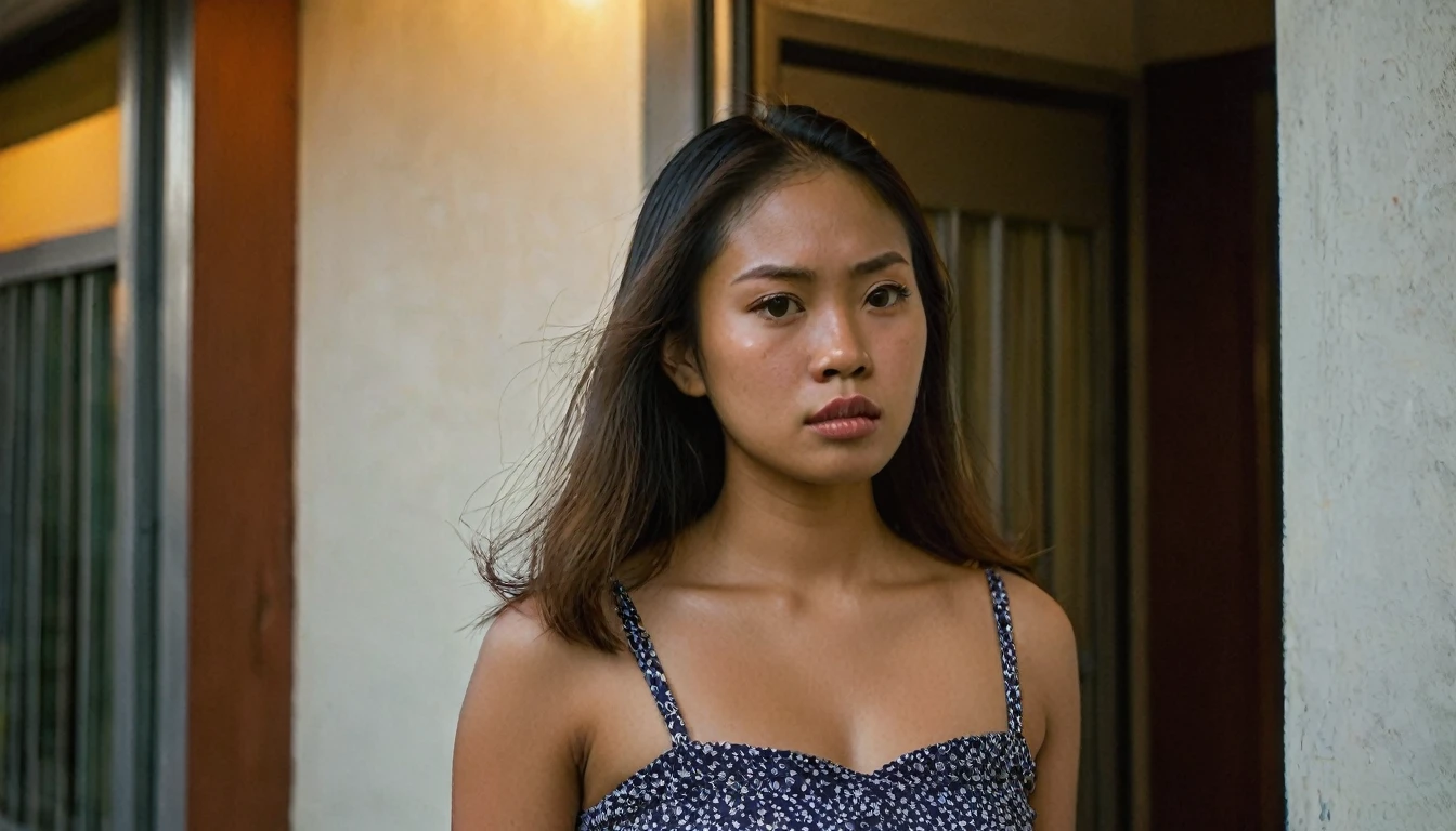 Focus on a slender, Hispanic-Filipina woman with a flat nose and dark skin tone, aged 26, caught in a candid, upset pose. She is standing in the entrance of a Philippine condo apartment during evening hours, with the sky painted in shades of twilight. She is dressed in a simple, small skirt, and her waist-length, thick hair flows around her shoulders. Her expression is visibly angry, with a pouting mouth and furrowed brow. The background should softly blur, highlighting her with a 2.8 aperture depth of field, giving attention to the fine details of her face and hair. A carry-on suitcase subtly sits in the blurred background.