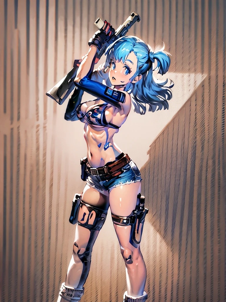 1girl, solo, gun, weapon, shorts, swimsuit, bulma, holster, boots, bikini, blue hair, gloves, breasts, blue eyes, one side up, bikini top only, denim shorts, thigh holster, blue shorts, denim, short shorts, cleavage, navel, medium breasts, handgun, full body, long hair, midriff, belt, thigh strap