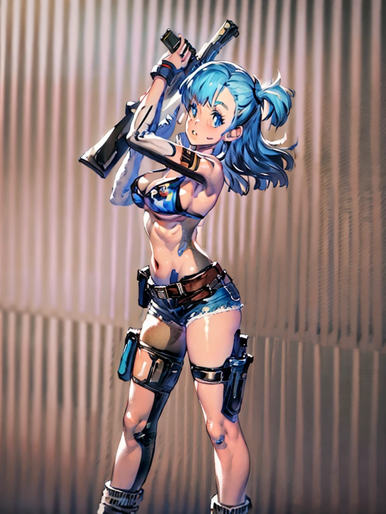 1girl, solo, gun, weapon, shorts, swimsuit, bulma, holster, boots, bikini, blue hair, gloves, breasts, blue eyes, one side up, bikini top only, denim shorts, thigh holster, blue shorts, denim, short shorts, cleavage, navel, medium breasts, handgun, full body, long hair, midriff, belt, thigh strap