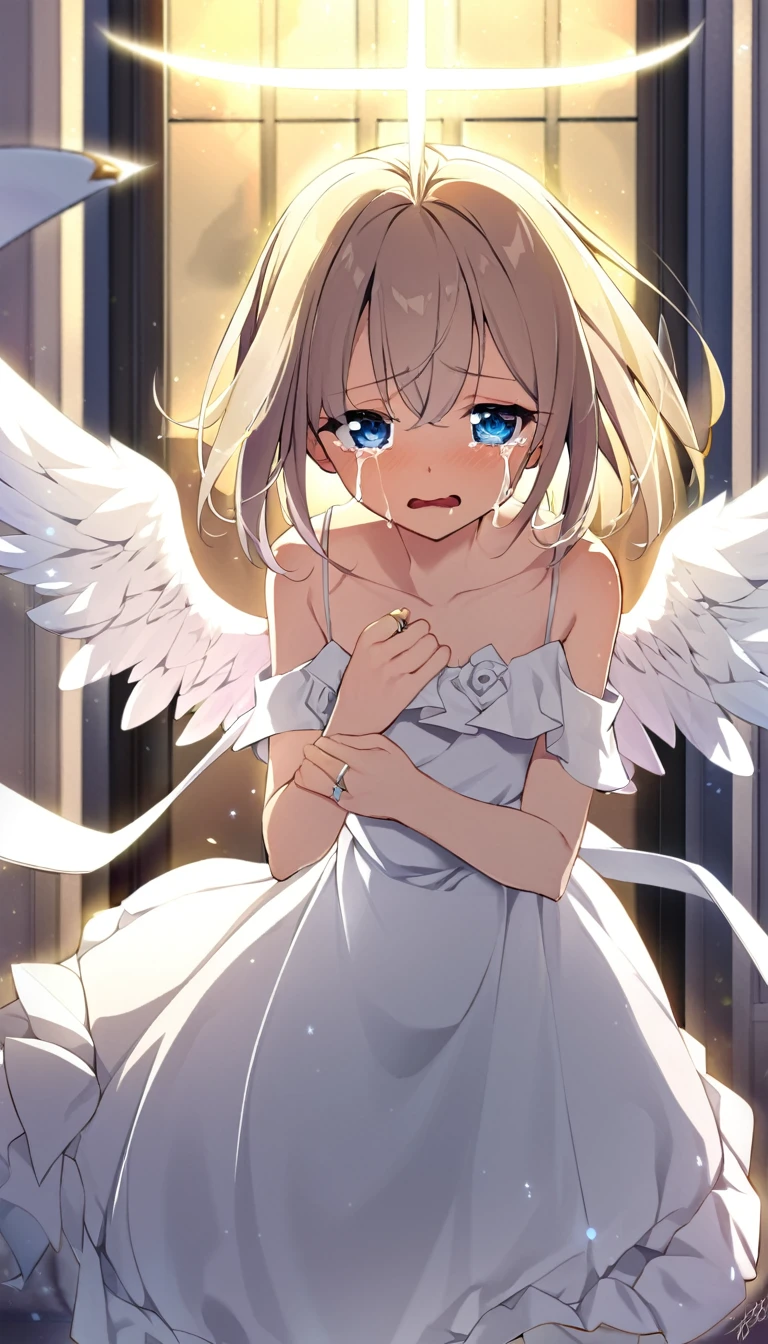 one girl, fallen angel, angel wing, angel ring, sacred, cute, naive, crying, 15 years old, beautiful, light blue eyes, white dress, her right wing is black, angel ring is broken