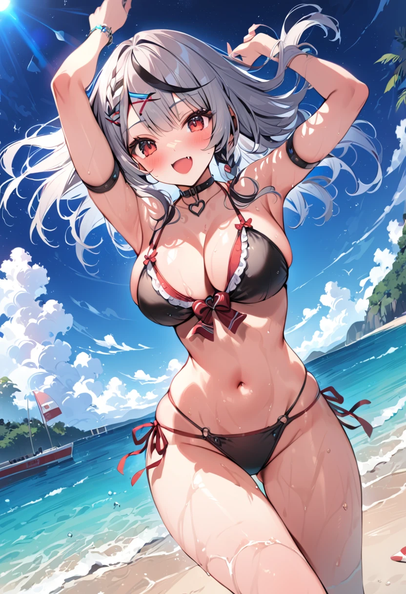 sakamata_bikini, swimsuit, bikini, red eyes, navel, black bikini, multicolored hair, streaked hair, hair ornament, grey hair, smile, looking at viewer, x hair ornament, black hair, fang, arms up, side-tie bikini bottom, open clothes, open mouth, large breasts, PEAnimeBG, ocean, beach, harbor, scenery, background, anime, sky, night, stars,masterpiece, high resolution, octance 4k, high detail