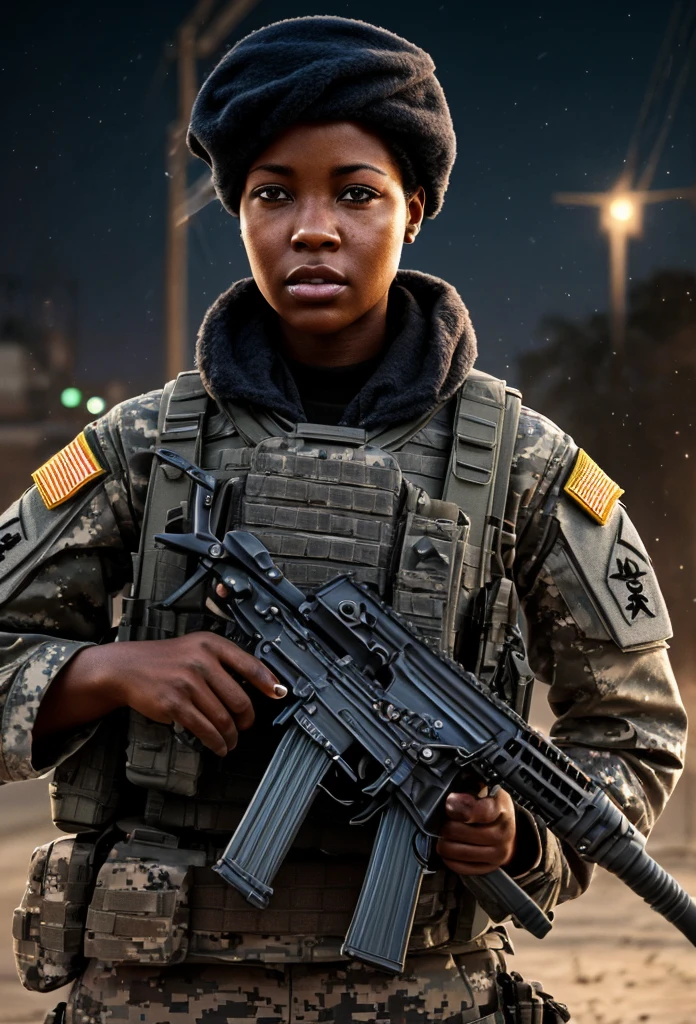 A muscular African American female special forces soldier, highly detailed portrait, beautiful detailed eyes, beautiful detailed lips, extremely detailed face, long eyelashes, serious expression, military uniform, tactical gear, assault rifle, night vision goggles, urban environment, cinematic lighting, dramatic shadows, gritty realism, hyper detailed, 8k, photorealistic, award winning digital art