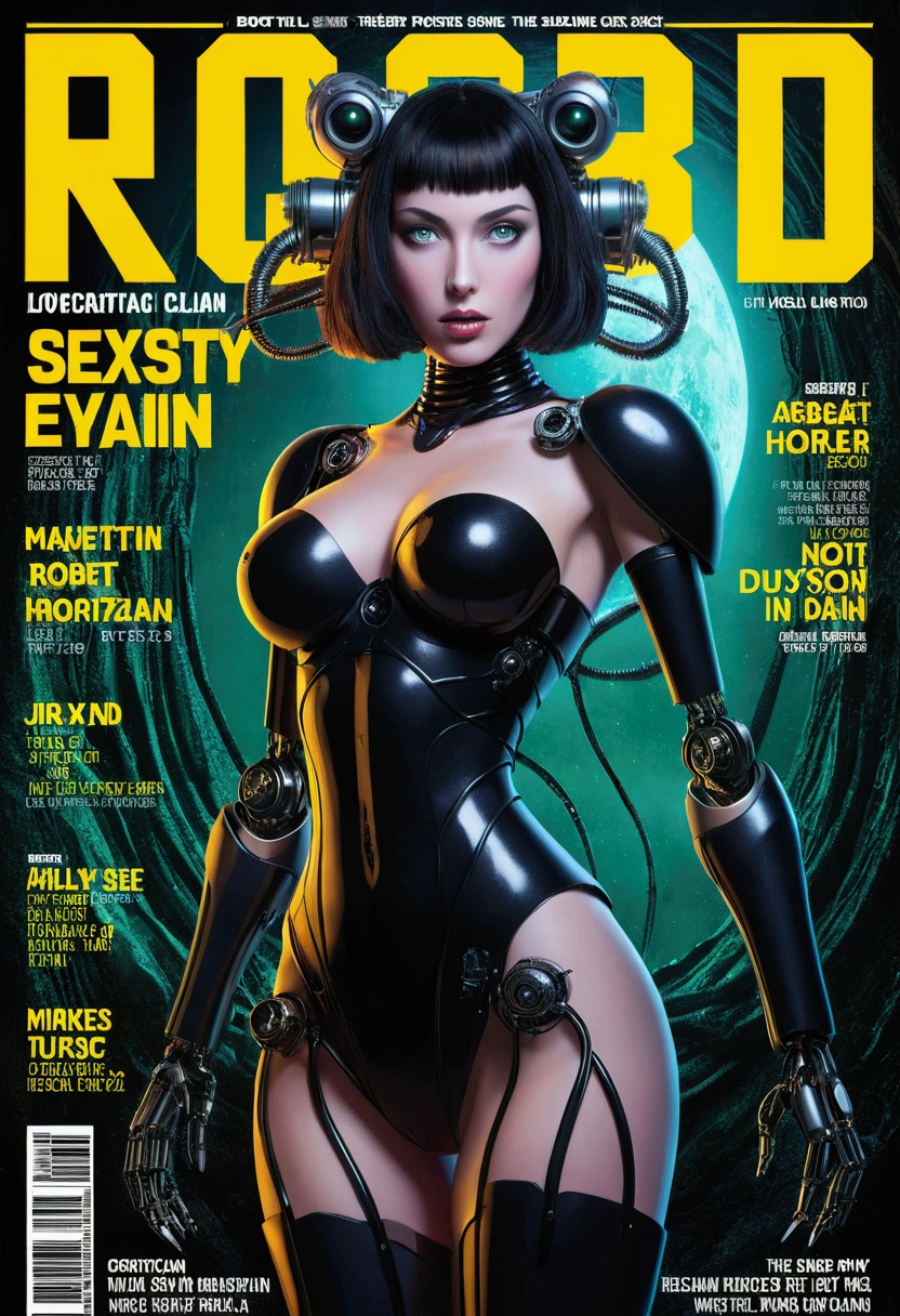 Robot Girl, sexy magazine cover, Poster Art , Lovecraftian horror genre, Bold large text, Matte design layout.