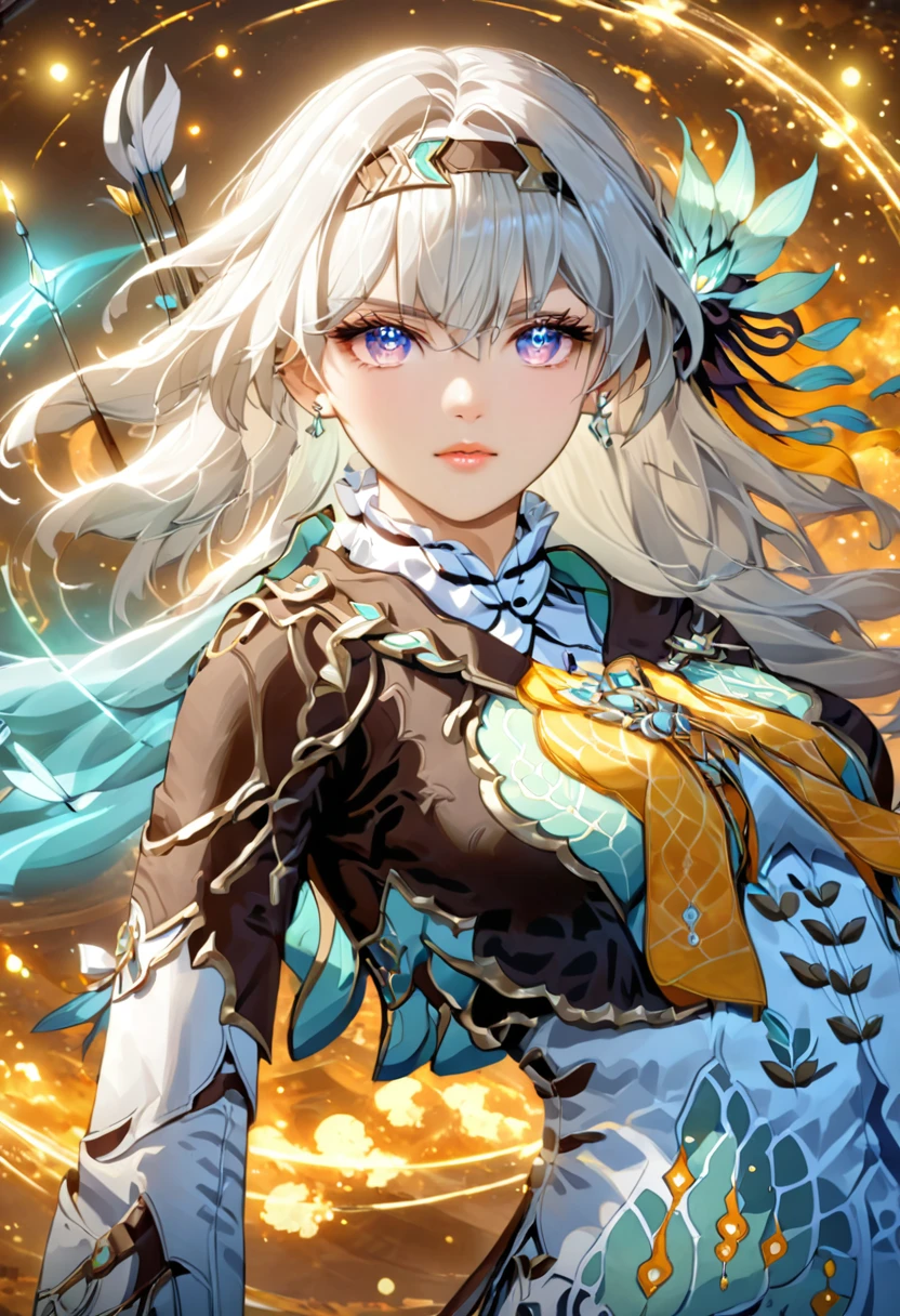 1girl, beautiful detailed eyes, beautiful detailed lips, extremely detailed eyes and face, long eyelashes, white hair, archer, bow and arrow, video game character, Genshin Impact, Alchemy Stars, Celestial Mage, Zodiac Knight, Astri Lorre, Parulina, detailed anime art, digital painting, 8k, hyper detailed, intricate, cinematic, dramatic lighting, vibrant colors, epic fantasy, mystical, hard surface, sci-fi, award winning, concept art