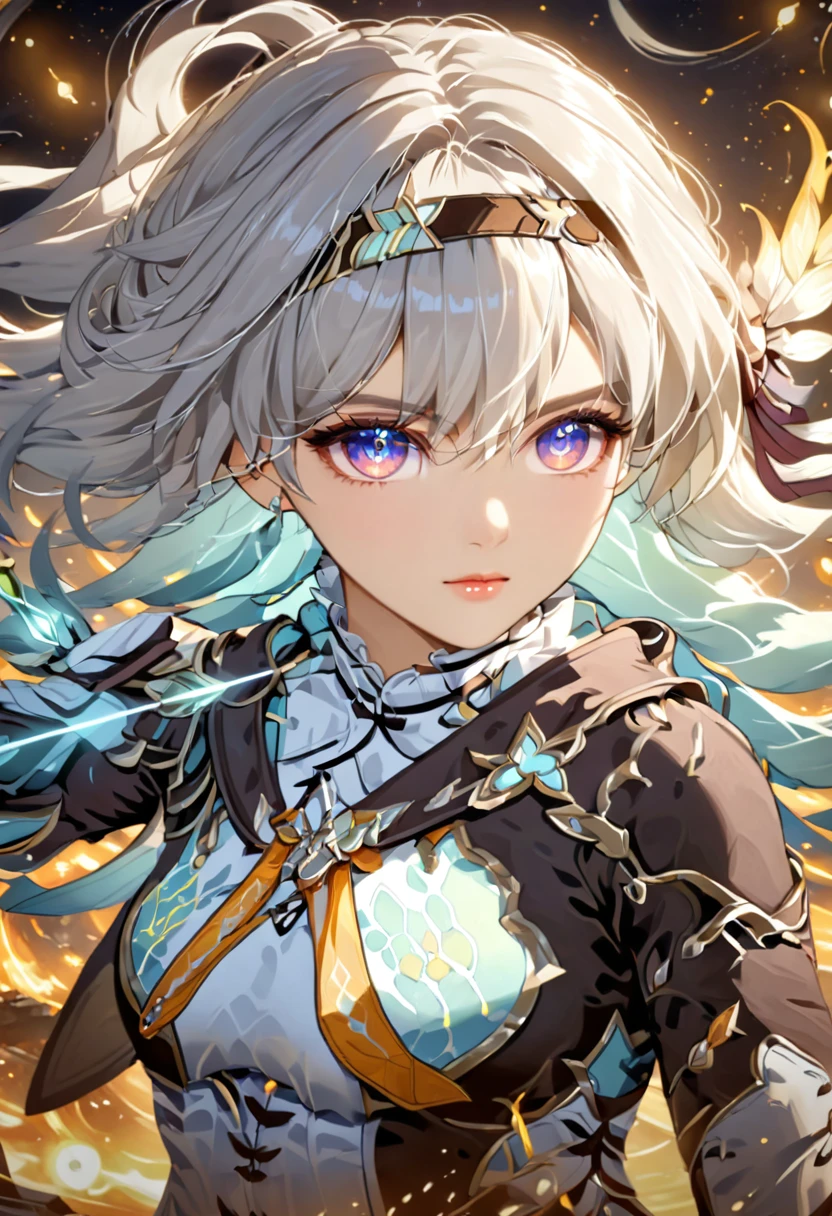 1girl, beautiful detailed eyes, beautiful detailed lips, extremely detailed eyes and face, long eyelashes, white hair, archer, bow and arrow, video game character, Genshin Impact, Alchemy Stars, Celestial Mage, Zodiac Knight, Astri Lorre, Parulina, detailed anime art, digital painting, 8k, hyper detailed, intricate, cinematic, dramatic lighting, vibrant colors, epic fantasy, mystical, hard surface, sci-fi, award winning, concept art