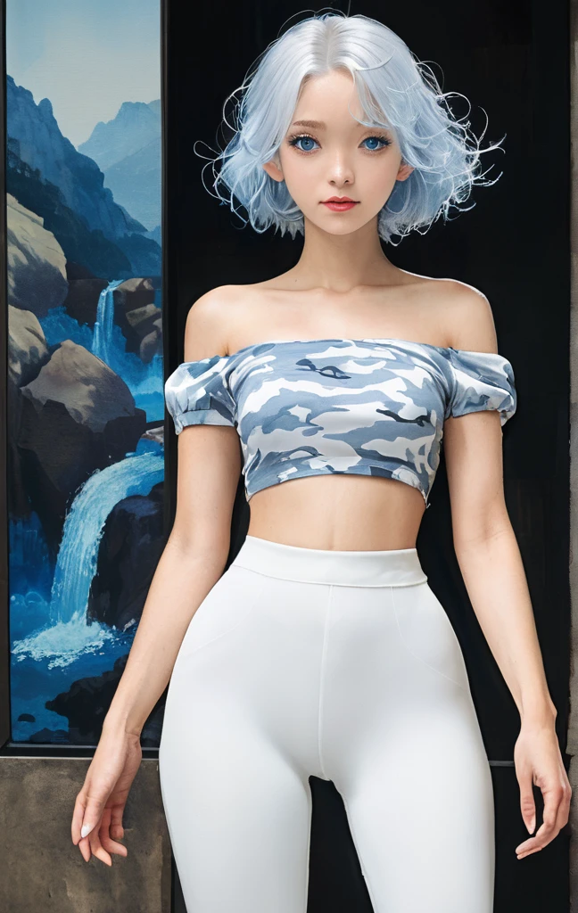 woman,Silver Hair,blue eyes,Full Body Tights,Camouflage scenery、Crop shirt,Off the shoulder,white,art, アニメ,figure