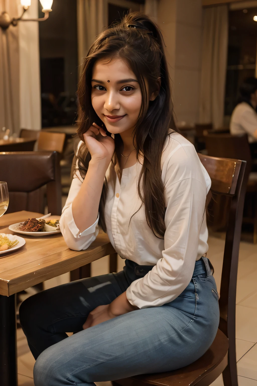 A 21 year old beautiful Indian girl with long hair smiling face beautiful eyes wearing a kurti dress and jeans pant sitting and dinner eating inside a 5 star very expensive restaurant with partner ponytail hairstyle