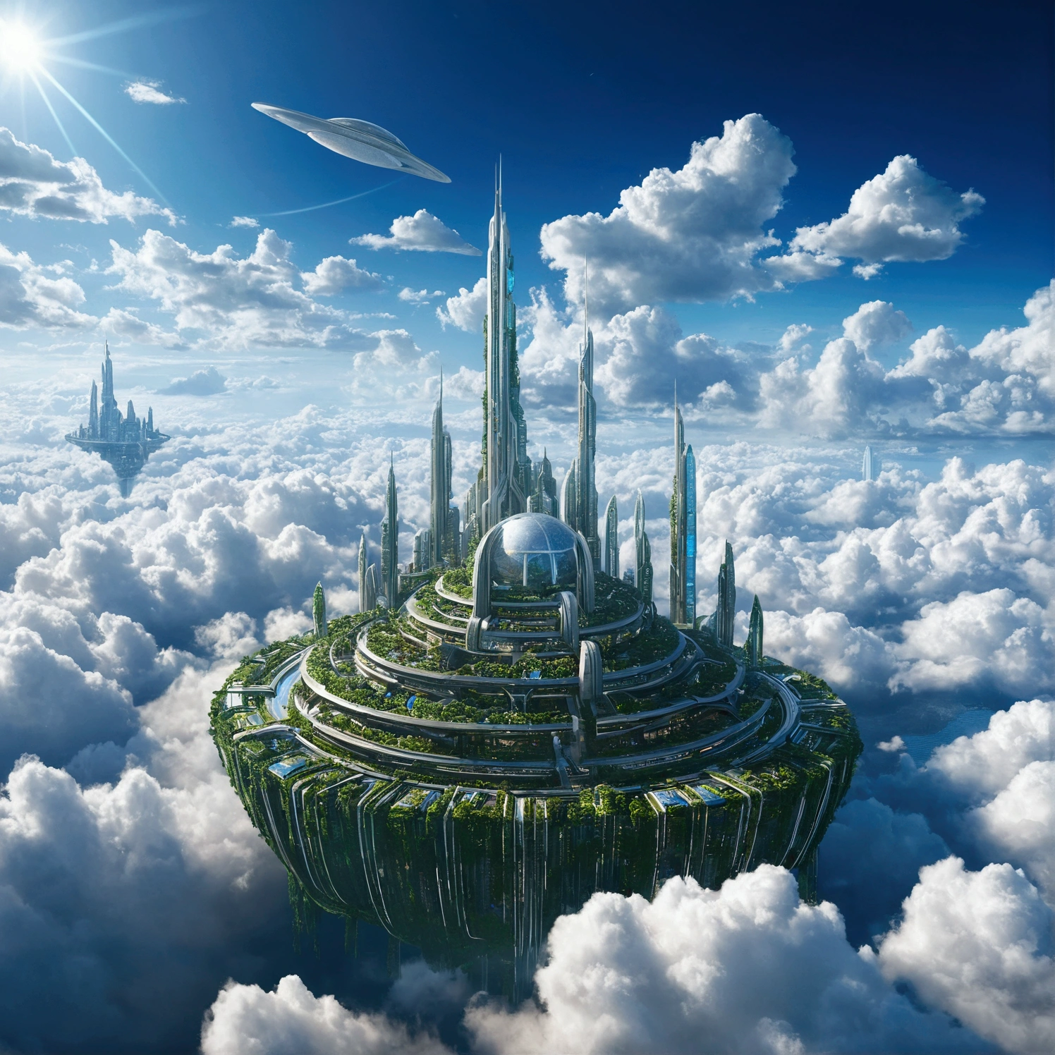 Futuristic city with clouds in the sky, Floating city in the sky, Floating city on clouds, Floating Land in the Clouds, 在幻想Sci-fi city, Future Utopian City, Floating city, Sci-fi city, Huge futuristic temple city, Future utopian metropolis, Future Utopian Fantasy, Abandoned flying future city, Otherworldly city of the future