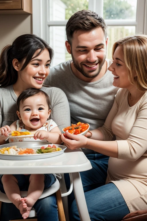 happy family sitting at the table having a healthy meal 8 month old baby sitting in high chair, eating cooked vegetables, together with his mother and father all happy, detailed facial features, chubby baby, lovely expression, Bright lighting, softfocus, natural colors, warm toned, photorrealistic, high qualiy, 8k, hyperdetailed, work of art