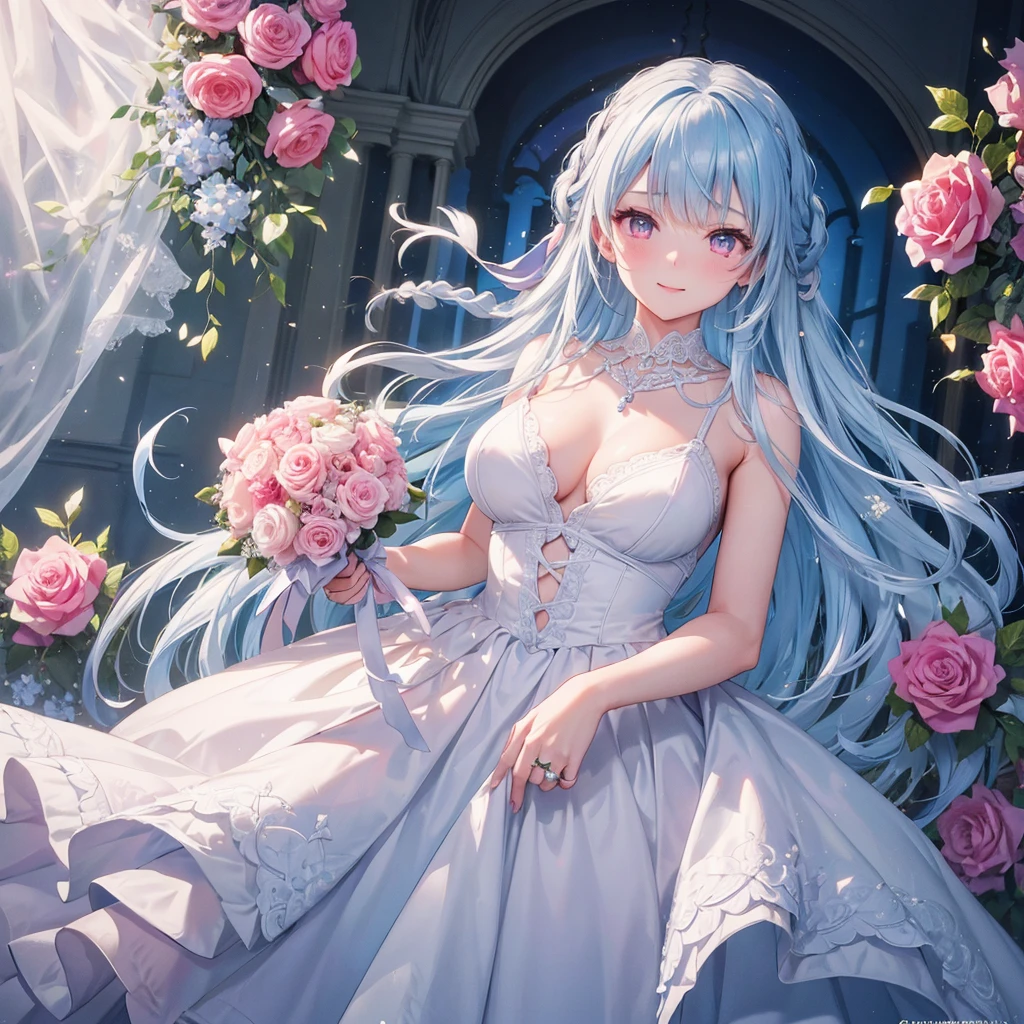 (Light blue medium hair),(Braided hair tied together)、Pink eyes、Fair skin、(whole body),(One Girl),bride,Big smile,Straight bangs,A dignified figure、 6月のbride,Wedding dress,(masterpiece, Highest quality, Very detailed, Best Shadow), (Detailed Background), (Beautifully detailed face), High Contrast, (Best lighting, Very delicate and beautiful), ((Cinematic Light)), colorful, Hyper Detail, Dramatic Light, Intricate details,Chapel background,Bouquet of roses,Ring on left ring finger,