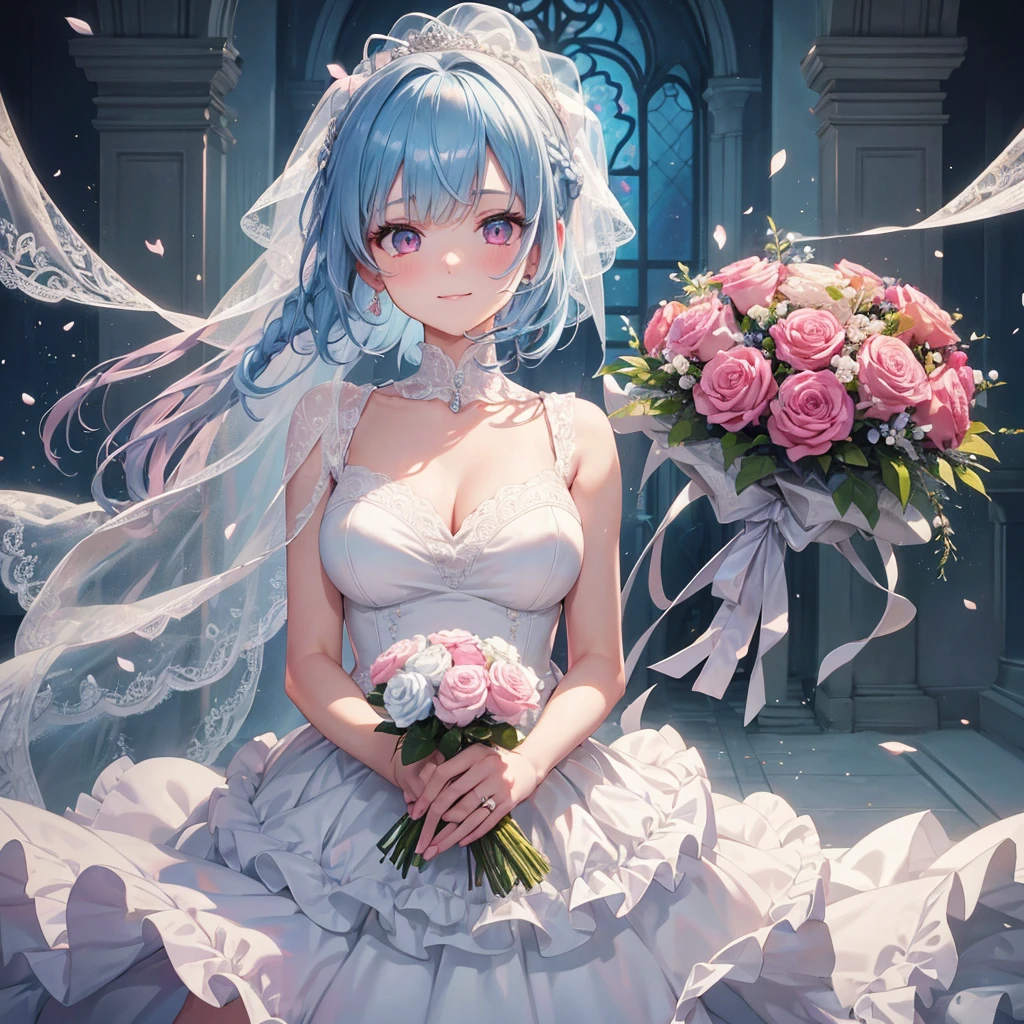  (Light blue medium hair),(Braided hair tied together)、Pink eyes、Fair skin、(whole body),(One Girl),bride,Big smile,Straight bangs,A dignified figure、 6月のbride,Wedding dress,(masterpiece, Highest quality, Very detailed, Best Shadow), (Detailed Background), (Beautifully detailed face), High Contrast, (Best lighting, Very delicate and beautiful), ((Cinematic Light)), colorful, Hyper Detail, Dramatic Light, Intricate details,Chapel background,Bouquet of roses,Ring on left ring finger,