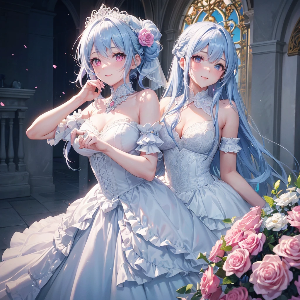 (Light blue medium hair),(Braided hair tied together)、Pink eyes、Fair skin、(whole body),(One Girl),bride,Big smile,Straight bangs,A dignified figure、 6月のbride,Wedding dress,(masterpiece, Highest quality, Very detailed, Best Shadow), (Detailed Background), (Beautifully detailed face), High Contrast, (Best lighting, Very delicate and beautiful), ((Cinematic Light)), colorful, Hyper Detail, Dramatic Light, Intricate details,Chapel background,Bouquet of roses,Ring on left ring finger,