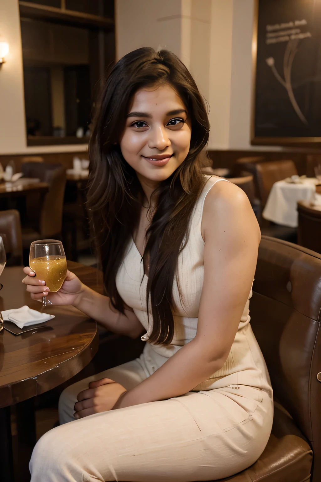 A 21 year old beautiful Indian girl with long hair smiling face beautiful eyes wearing a kurti dress and jeans pant sitting and dinner eating inside a 5 star very expensive restaurant with a partner ponytail hairstyle
